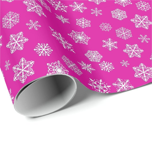 White 3-d snowflakes on a fuchsia pink background wrapping paper (Roll Corner)