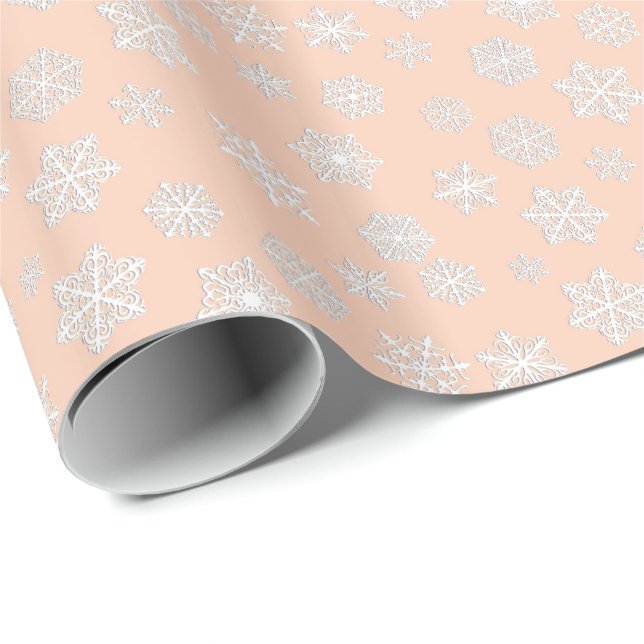 White 3-d snowflakes on a peach background wrapping paper (Roll Corner)