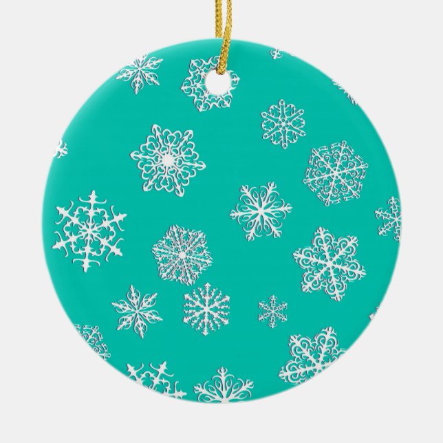 White 3-d snowflakes on a turquoise background ceramic tree decoration (Front)