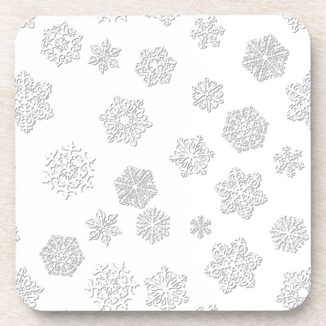 White 3-d snowflakes on a white background coaster (Front)