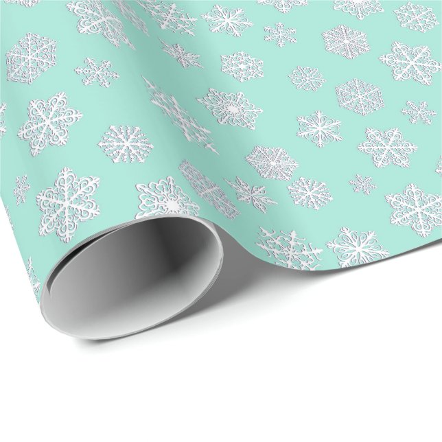 White 3-d snowflakes on an aqua background wrapping paper (Roll Corner)