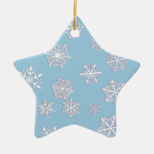 White 3-d snowflakes on an ice blue background ceramic tree decoration