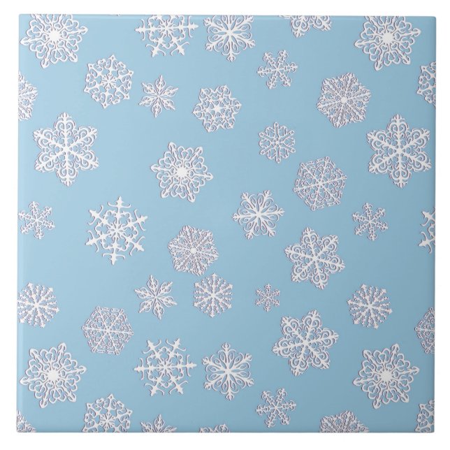 White 3-d snowflakes on an ice blue background tile (Front)