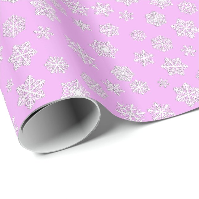 White 3-d snowflakes on an orchid background wrapping paper (Roll Corner)