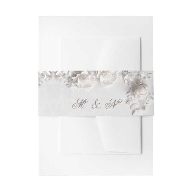 White 3 Floral Initials Wedding Invitation Belly Band (Front Example)