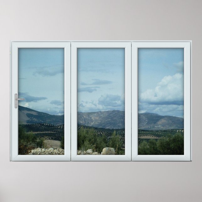 White 3 Pane Window Illusion Country and Mountains Poster (Front)