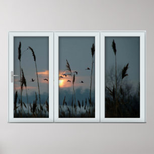 White 3 Pane Window Illusion Flock of Birds Poster