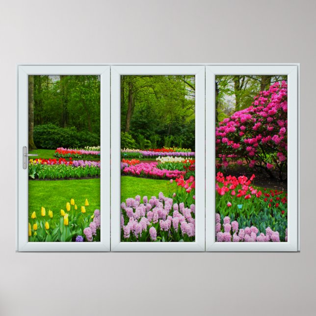 White 3 Pane Window Illusion Spring Garden Poster (Front)