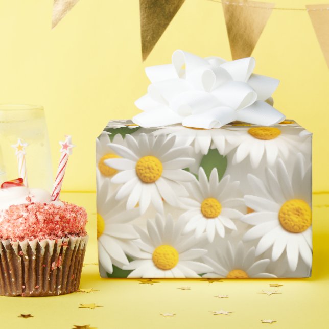 White 3D Daisy Seamless Pattern Wrapping Paper (Birthday Party)