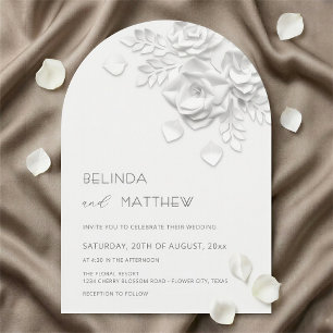 White 3D Floral Roses Minimalist Wedding Invitation