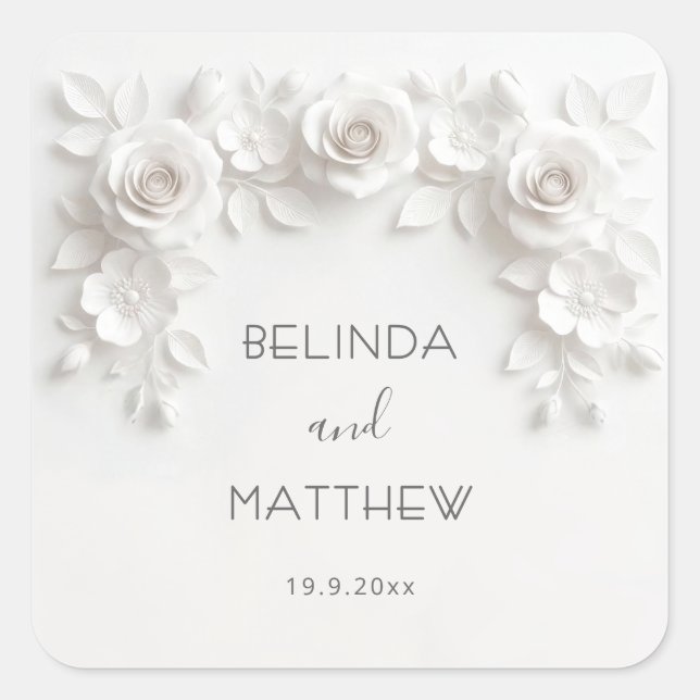 White 3D Floral Roses | Wedding Square Sticker (Front)