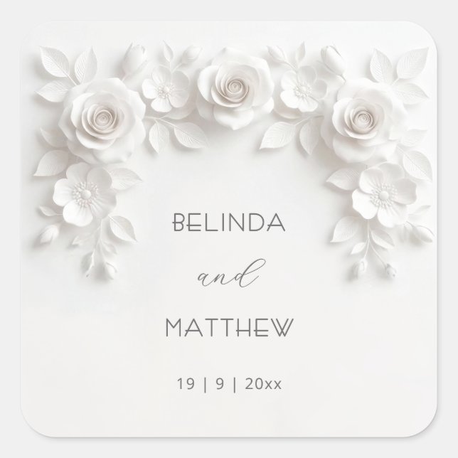 White 3D Floral Roses | Wedding Square Sticker