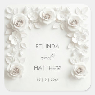 White 3D Floral Roses   Wedding Square Sticker