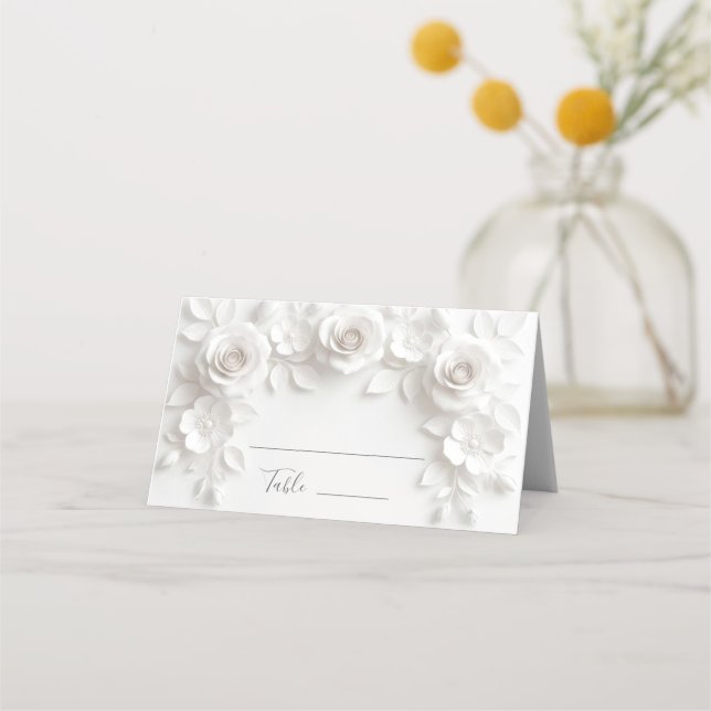 White 3D Flowers Arched Wedding Place Card (Front)