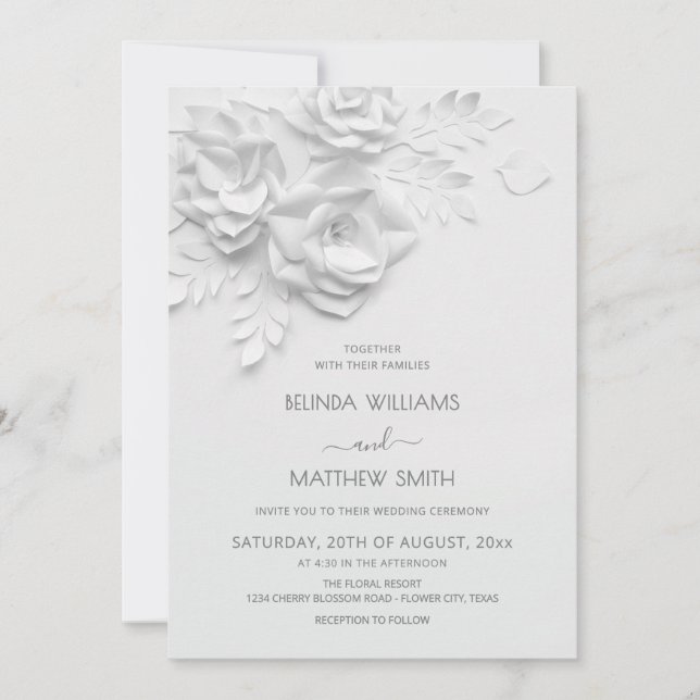 White 3D Flowers Roses Contemporary Wedding Invitation (Front)