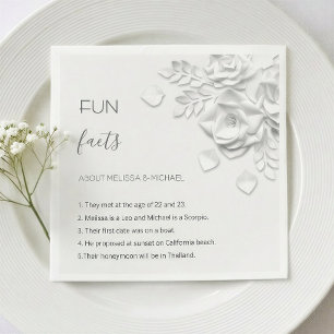 White 3D Flowers Roses Fun Facts Wedding  Napkin