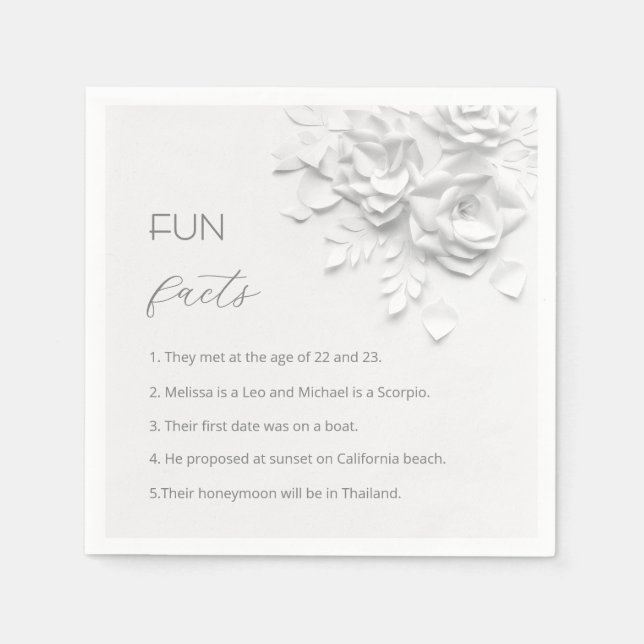 White 3D Flowers Roses Fun Facts Wedding  Napkin (Front)