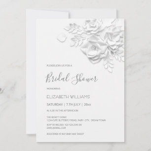 White 3D Flowers Roses Minimalist Bridal Shower Invitation