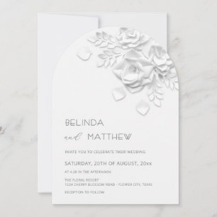 White 3D Flowers Roses Minimalist Wedding Invitation