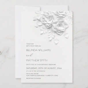 White 3D Flowers Roses Minimalist Wedding Invitation