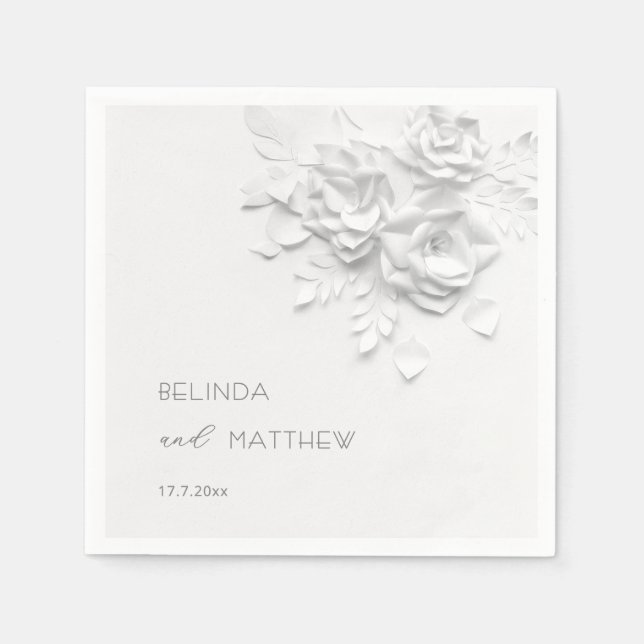 White 3D Flowers Roses Minimalist Wedding  Napkin (Front)
