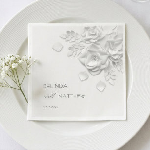 White 3D Flowers Roses Minimalist Wedding  Napkin