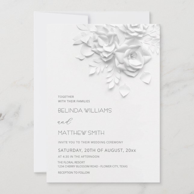 White 3D Flowers Roses Simple Wedding Invitation (Front)