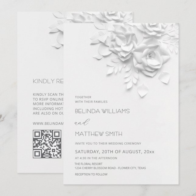 White 3D Flowers Roses Simple Wedding Invitation (Front/Back)