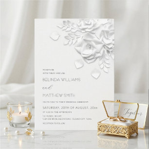 White 3D Flowers Roses Simple Wedding Invitation