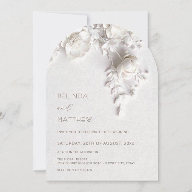 White 3D Flowers Roses Wedding Invitation (Front)