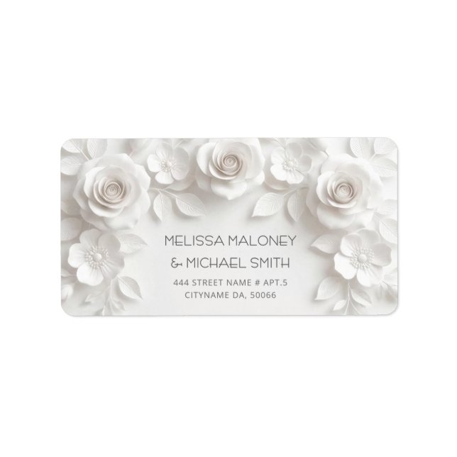White 3D Flowers Roses Wedding Label (Front)