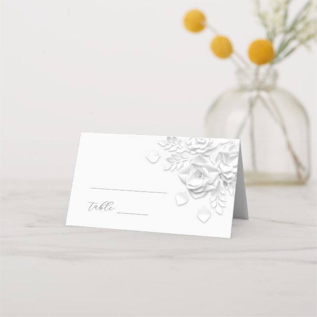 White 3D Flowers Wedding Place Card (Front)