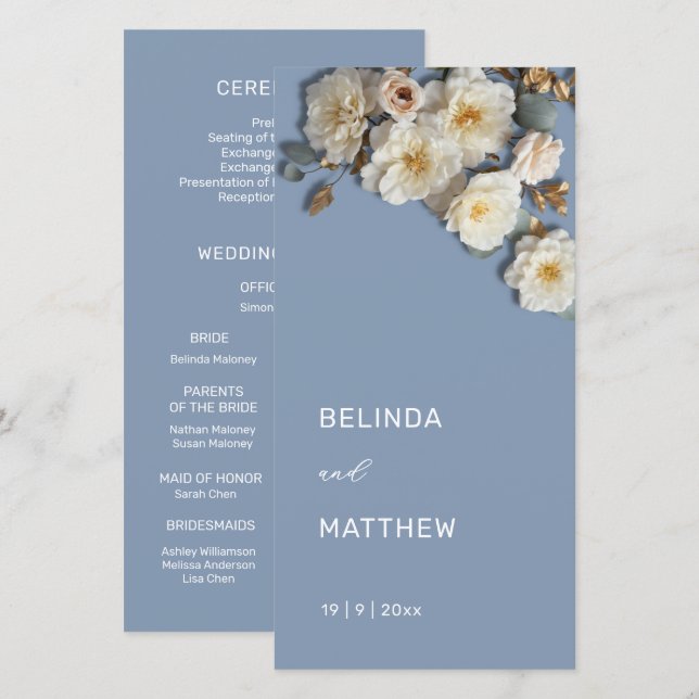 White 3D Roses Dusty Blue | Wedding Program (Front/Back)