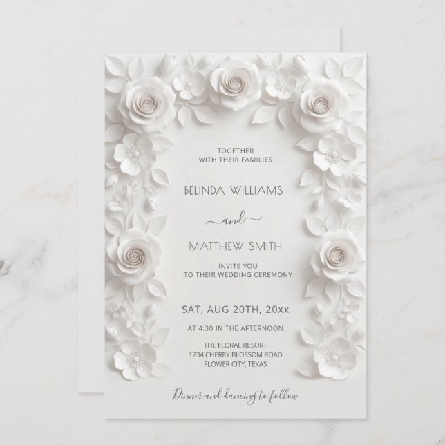 White 3D Roses Frame Wedding Invitation (Front/Back)