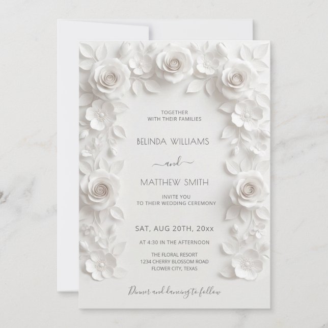 White 3D Roses Frame Wedding Simple Invitation (Front)