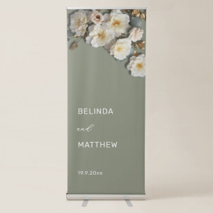 White 3D Roses Sage Green Retractable Banner
