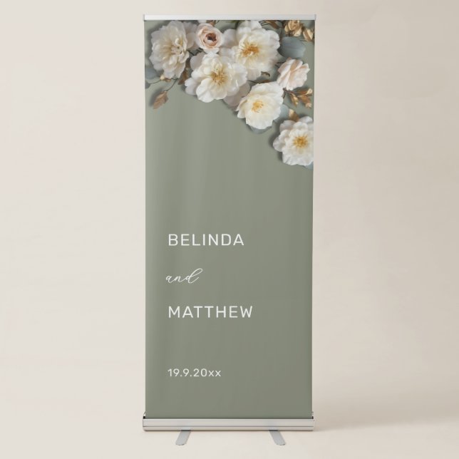 White 3D Roses Sage Green | Retractable Banner (Front)