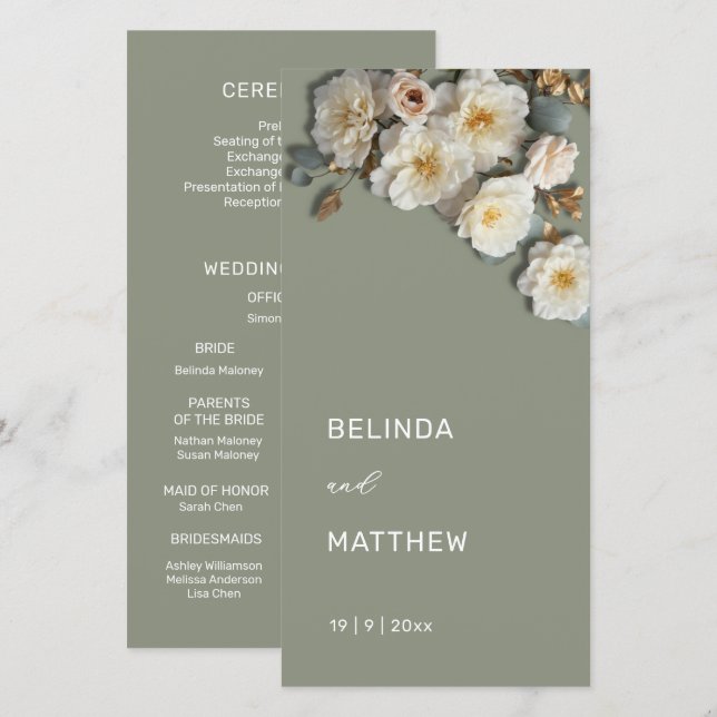 White 3D Roses Sage Green | Wedding Program (Front/Back)