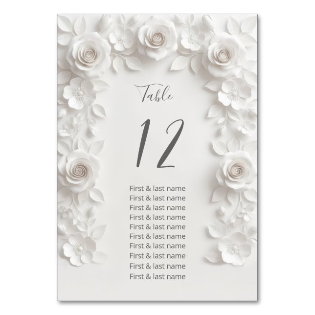 White 3D Roses Wedding Guest Names  Table Number (Front)