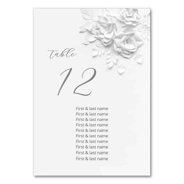 White 3D Roses Wedding Guest Names  Table Number (Front)