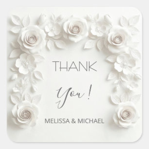 White 3D Roses Wedding Thank You Square Sticker