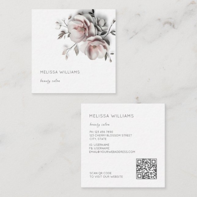 White 3D Simple Flowers Square Business Card (Front/Back)