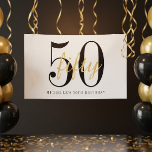 White 50th Birthday Party Black Gold Chic  Poster