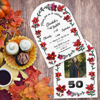 White 50th Birthday Party Whimsical Doodle Flowers Invitation