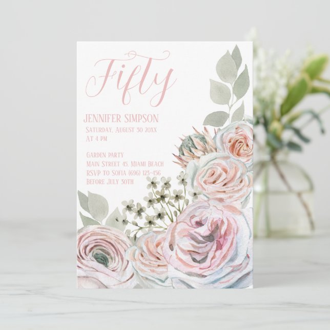 White 50th feminine delicate watercolor pale pink invitation (Standing Front)
