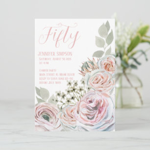 White 50th feminine delicate watercolor pale pink invitation