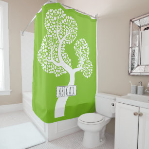 White abstract circle tree and name, lime green shower curtain