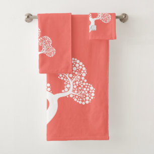 White abstract circle tree and name living coral bath towel set