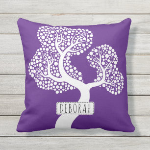 White abstract circle tree and name, royal purple cushion