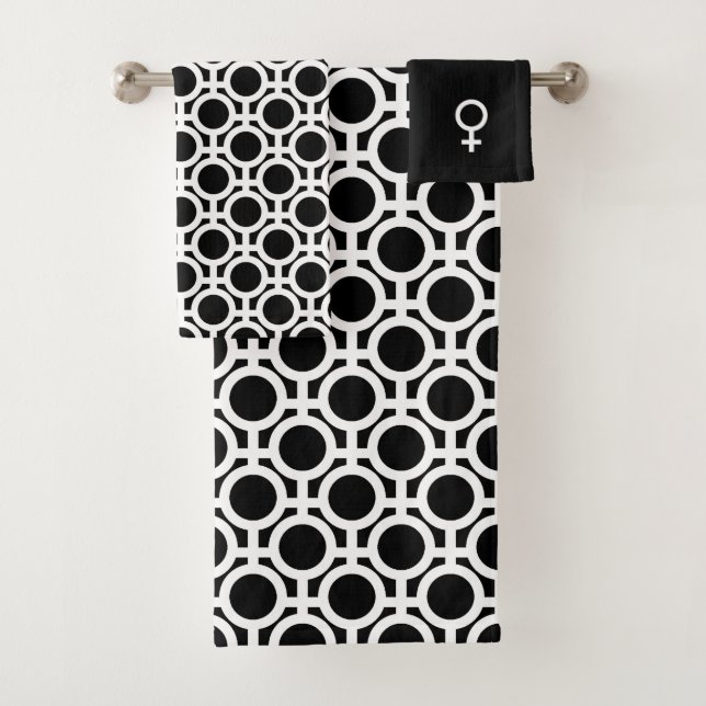 White Abstract Circles and Lines on Black Bath Towel Set (Insitu)